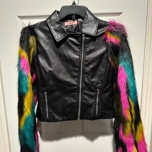 Lilly’s Kloset Black Faux Fur Leather Jacket with Colorful Faux Fur Sleeves
